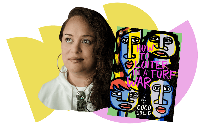 Head and shoulders portrait photo of young Pasifika woman wearing hoop earrings and a tiki, staring off-camera. Picture of her book cover, vibrant in bright colours and black.