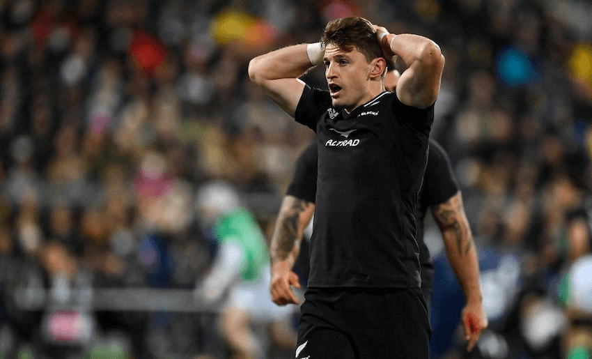 All Black Beauden Barrett reacts during the Steinlager Series match between New Zealand and Ireland at Sky Stadium in Wellington, New Zealand, July 16, 2022. (Photo: Brendan Moran/Sportsfile via Getty Images) 
