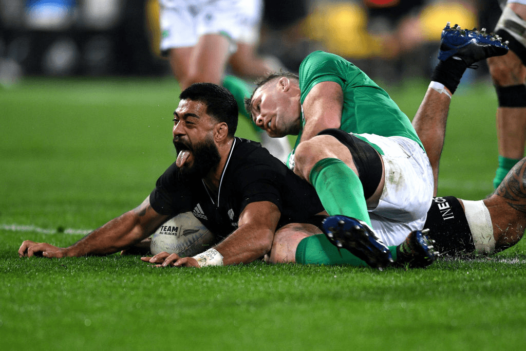 All Black Akira Ioane scores a try during the test match between New Zealand and Ireland at Sky Stadium in Wellington on July 16, 2022. (Photo: Joe Allison/Getty Images) 
