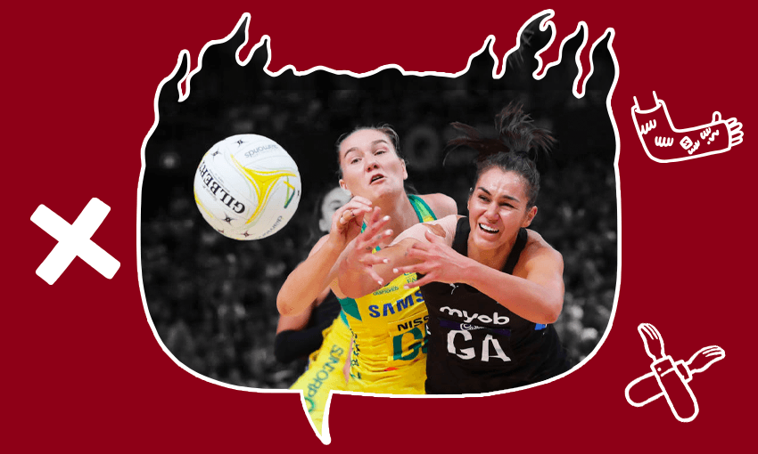 Australian Diamonds defender Courtney Bruce and Silver Ferns goal attack Ameliaranne Ekenasio (Photo: Getty Images; additional design: Tina Tiller) 
