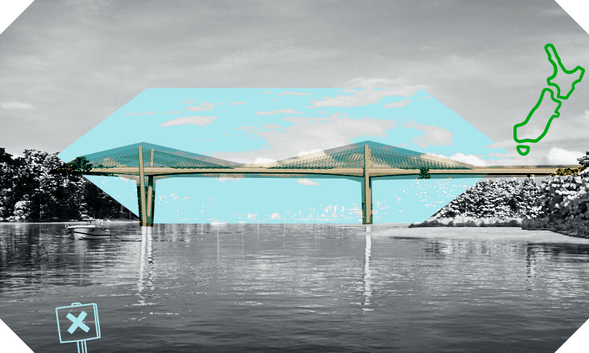 An artist’s impression of the Penlink bridge running just north of Stillwate (Image: Supplied; additional design Tina Tiller) 

