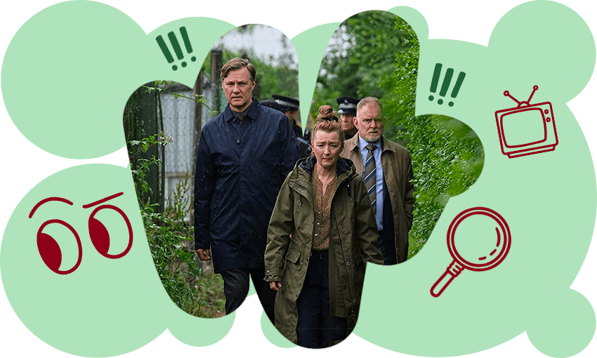 Lesley Manville (centre) stars in Sherwood (Image: TVNZ / Design: Tina Tiller)