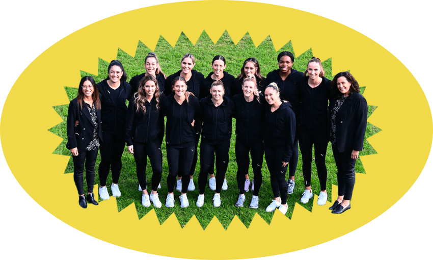 The Birmingham 2022 Silver Ferns squad (Photo: Getty Images; additional design: Tina Tiller) 
