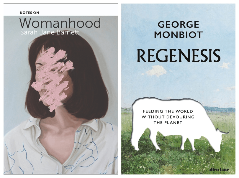 Two book covers, left showing portrait of a woman with her face scrubbed out; right showing stencil outline of a cow grazing in a field. 