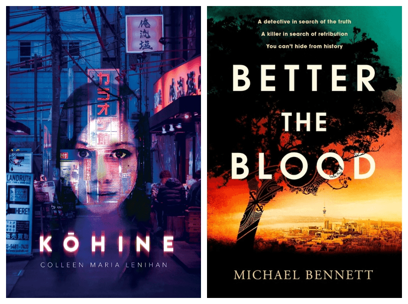 Two book covers, left showing face of young woman superimposed over Japan street scene; right showing a burning sunset and dark silhouetted tree.