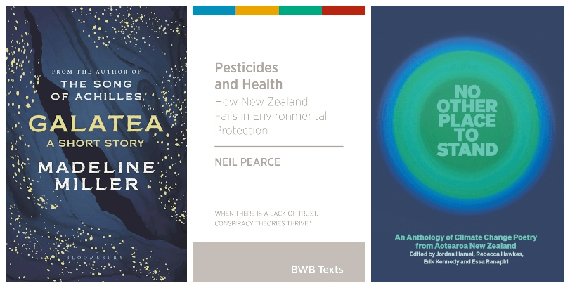 Three book covers, all abstract – Galatea looks like a dark but starry night; Pesticides has a white cover with text only; the poetry anthology has a dreamy green circle on navy blue. 