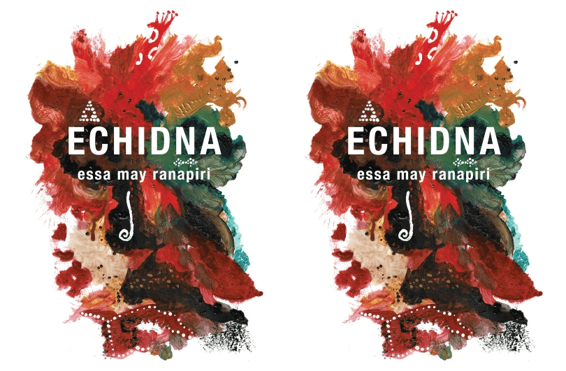 Book cover repeated twice over; depicts the word ECHIDNA over a painterly splodge of earthy oranges and greens