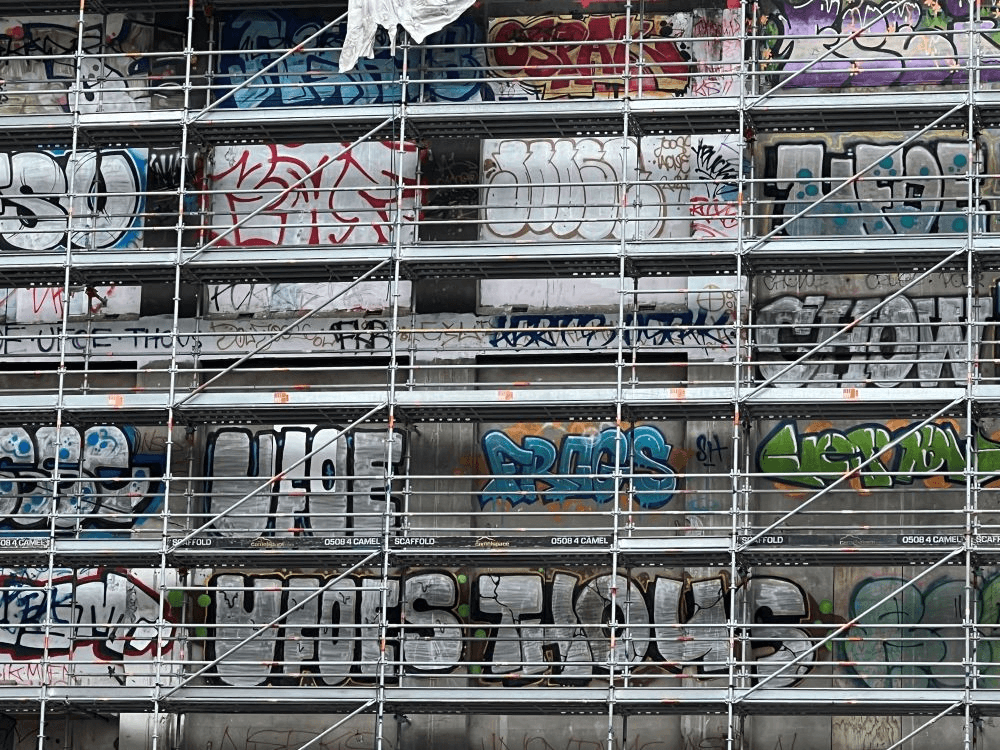 Graffiti smothers the Queen Street-facing wall of Auckland’s St James Theatre. Photo: Chris Schulz 
