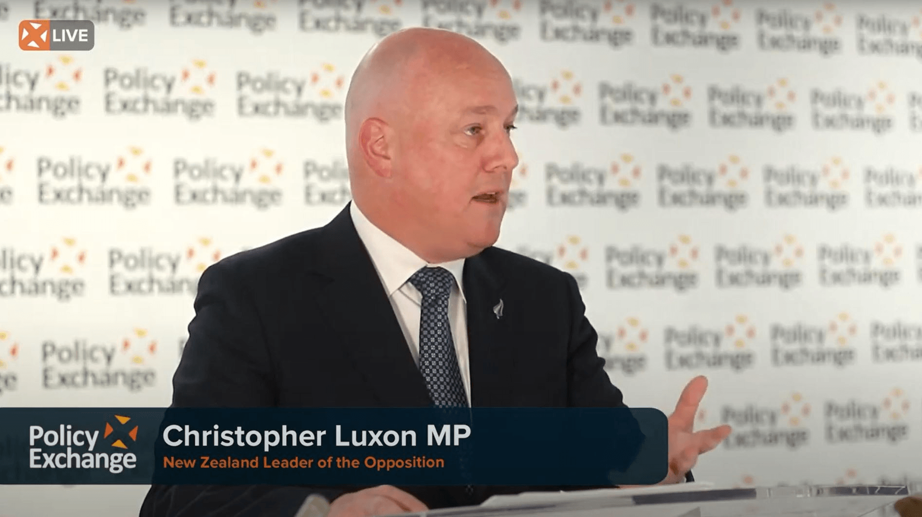 National leader Christopher Luxon at Policy Exchange. 

