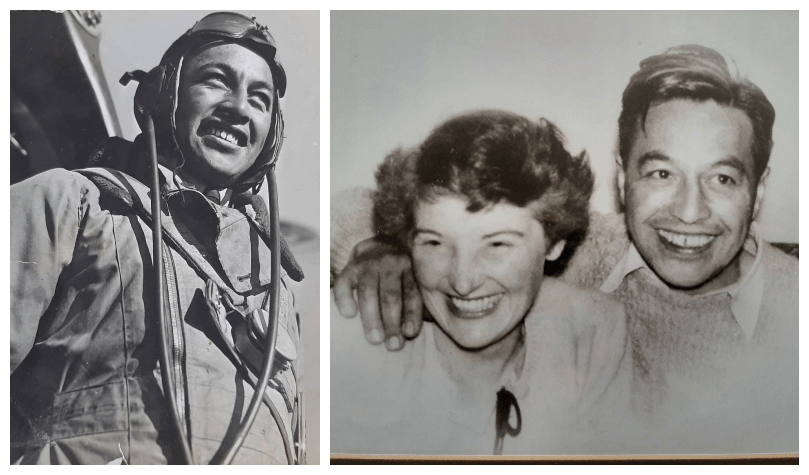 Black and white photos - on left is a young man in Air Force uniform, grinning. Shot from below. At right, a couple absolutely beaming. 