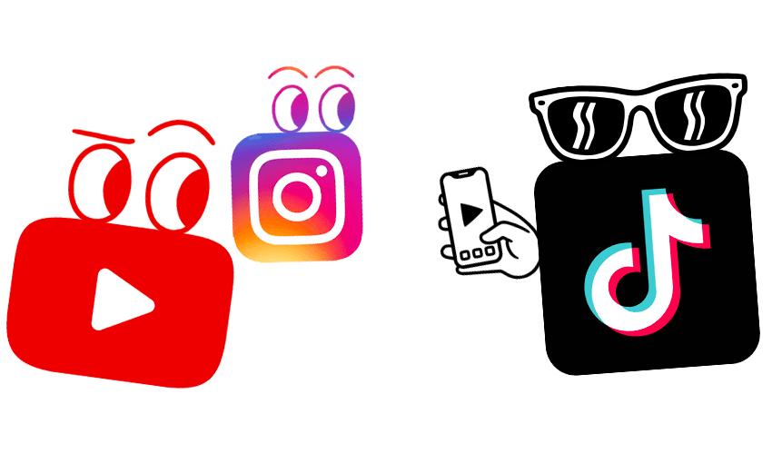 tiktok icon with cool shades watching a video while youtube and instagram icons look on in ENVY
