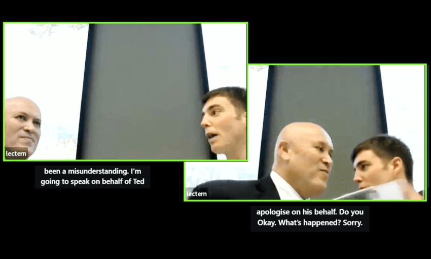 Ted Johnston and Jack Tame in frames from the Debating Society livestream. 
