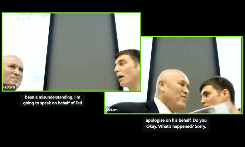 Ted Johnston and Jack Tame in frames from the Debating Society livestream.