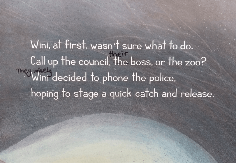 A page from the picture book Kororā and the Sushi Shop, showing the words "their" and "they wisely" inserted in vivid 