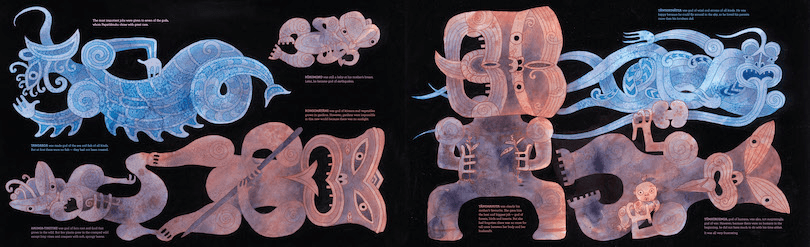 A long and skinny image of seven Māori atua drawn in reds and blues on a black background.