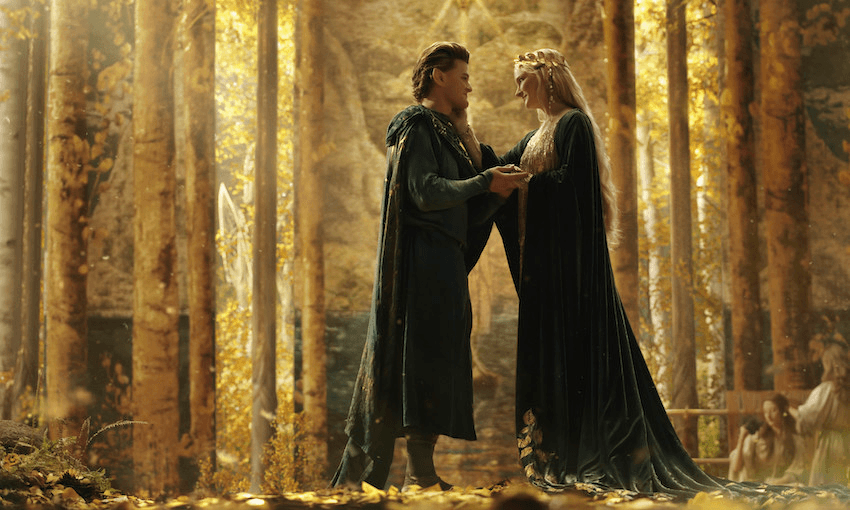 Elrond and Galadriel share a moment in The Lord of the Rings: The Rings of Power. (Photo: Ben Rothstein/Amazon Prime Video) 
