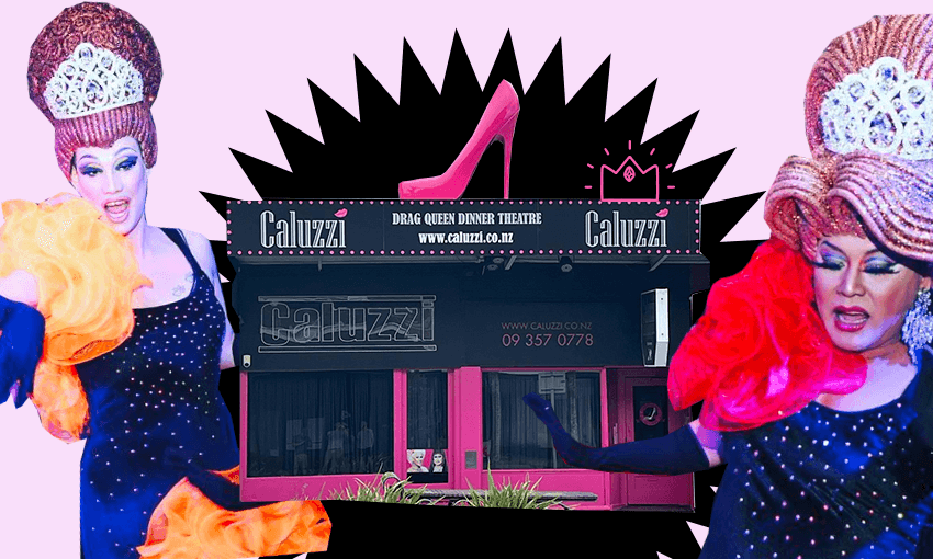 Two Caluzzi girls flank their namesake venue, with its iconic heel on the roof. (Photos: Caluzzi, Image Design: Tina Tiller)