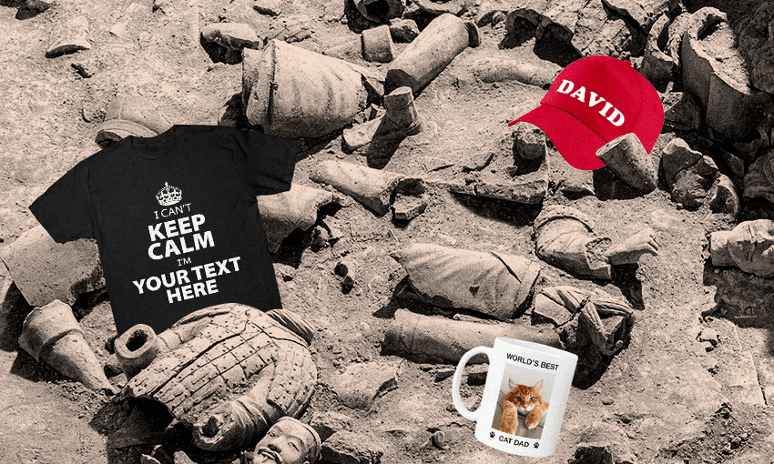 a customised mug tshirt and cap mixed with an ancient archeology dig