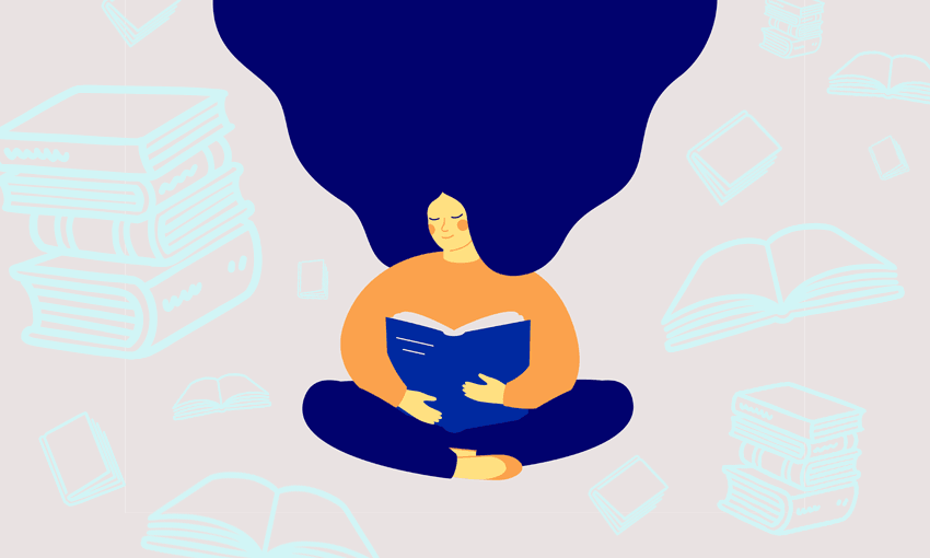 Getty caption: “Happy woman sits and reads the book with enjoy. Book therapy session.” (Image: Vector Illustration / Getty Images; Design: Tina Tiller) 
