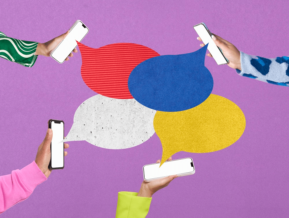 four different phones with colourful overlpping text bubbles