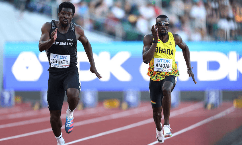 New Zealand’s Edward Osei-Nketia and Ghana’s Joseph Paul Amoah in the men’s 100-metre heats on day one of the World Athletics Champs on July 15, 2022 in Eugene, Oregon. (Photo: Patrick Smith/Getty Images)