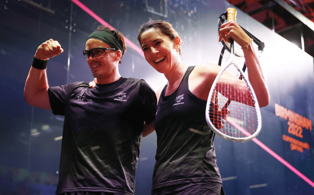 Joelle King and Paul Coll celebrate victory over during the squash mixed doubles (Photo by Robert Cianflone/Getty Images) 
