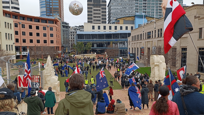 Crowds gather at Civic Square (Photo: Toby Manhire) 
