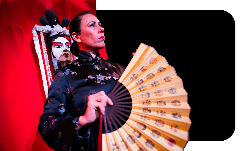 Lynda Chanwai-Earle in Kā-Shue, returning to the Auckland Writer’s Festival this month. (Photo: Dianna Thomsen Photography, Image Design: Tina Tiller) 
