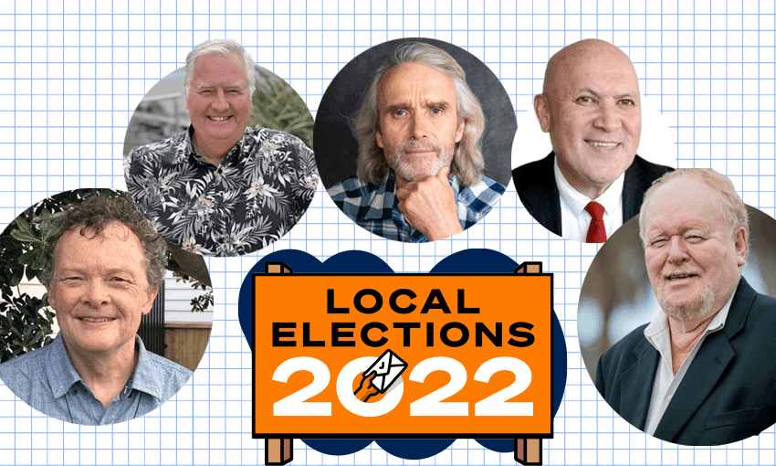 Auckland mayoral candidates, left to right: Michael Morris, Gary Brown, Michael Kampkes, Ted Johnston, John Lehmann 
