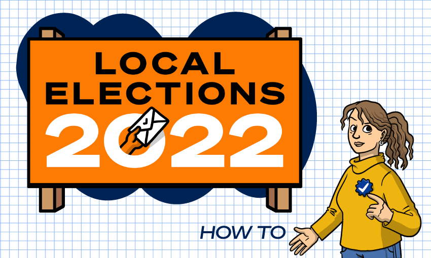 person gesturing to a cartoon 'local elections 2022' sign