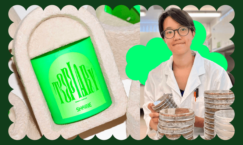 BioFab chief scientific officer Jess Chiang and the startup’s ‘mushroom packaging’ (Photo: Supplied; additional design: Tina Tiller)