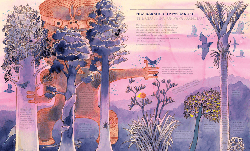 Beautiful illustrated scene of ancient NZ forest, washed in pink and lilac.