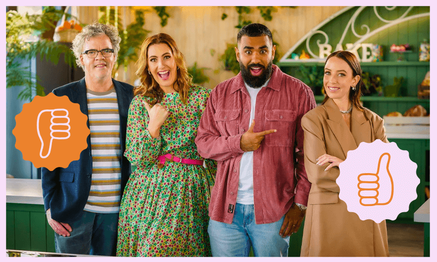 The Great Kiwi Bake Off: L-R: Peter Gordon, Hayley Sproull, Pax Assadi, Jordan Rondel (Photo: TVNZ / Design Tina Tiller) 
