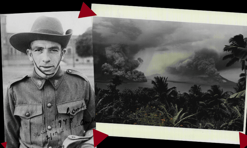 Black and white photographs "pinned" to background – left is a young man in uniform, right a scene of jungle, sea and volcanoes.