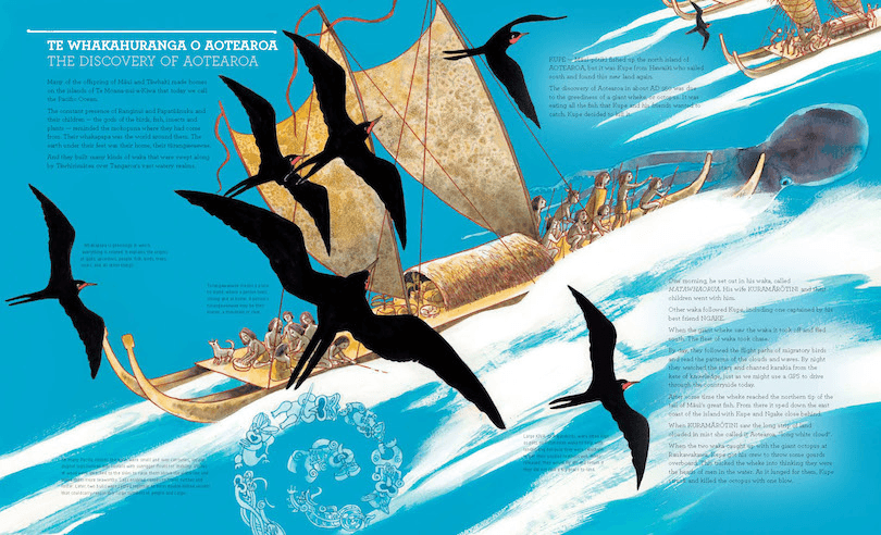 Illustration of a waka charging through bright blue seas, with kiva (frigatebirds) dominating the foreground.