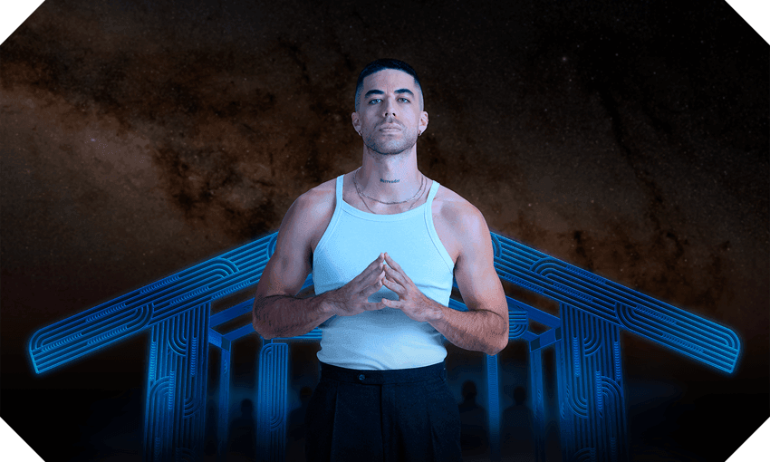 Singer Te Karehana Gardiner-Toi, known as ‘Teeks’ (Ngāpuhi, Ngai Te Rangi and Ngāti Ranginui) in front of his Spark 5G ‘Street Museum’ exhibit (Photo: Supplied) 
