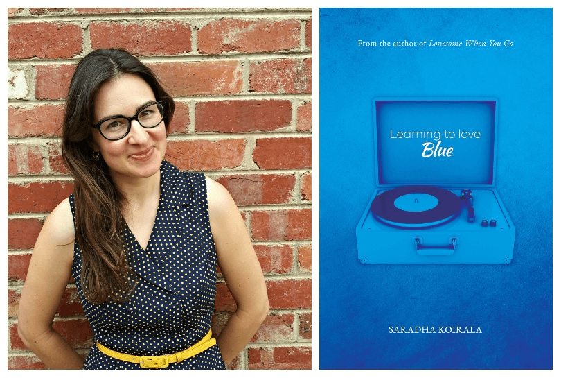 Photo of a woman with long dark hair and glasses, smiling, leaning against brick wall. Image of her book cover which features a record player, and is entirely blue. 