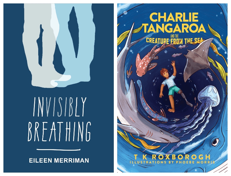 Two book covers, the left is dark blue with silvery grey silhouettes of two people embracing; the right shows a boy in a whirlpool of sea creatures.