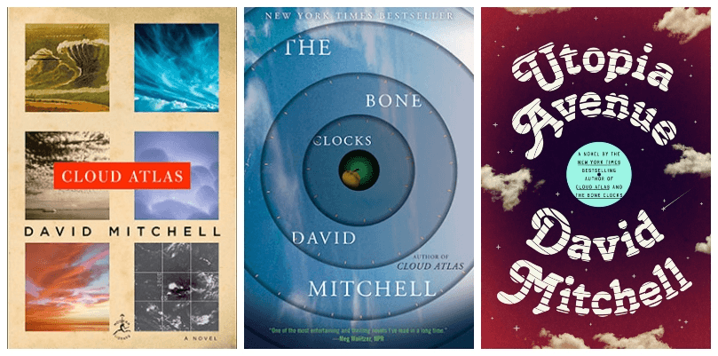 Three book covers, all quite brightly covered, featuring clouds and circles.