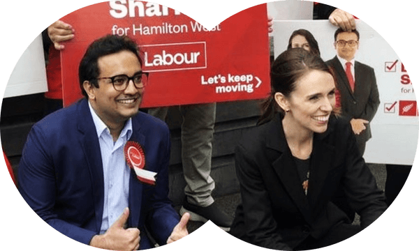 Gaurav Sharma and Jacinda Ardern during the 2020 campaign. 
