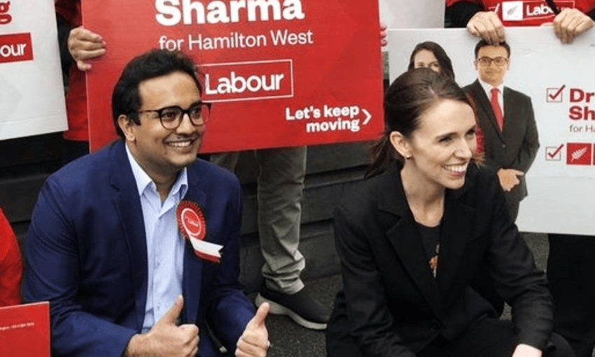 Gaurav Sharma and Jacinda Ardern during the 2020 campaign. 
