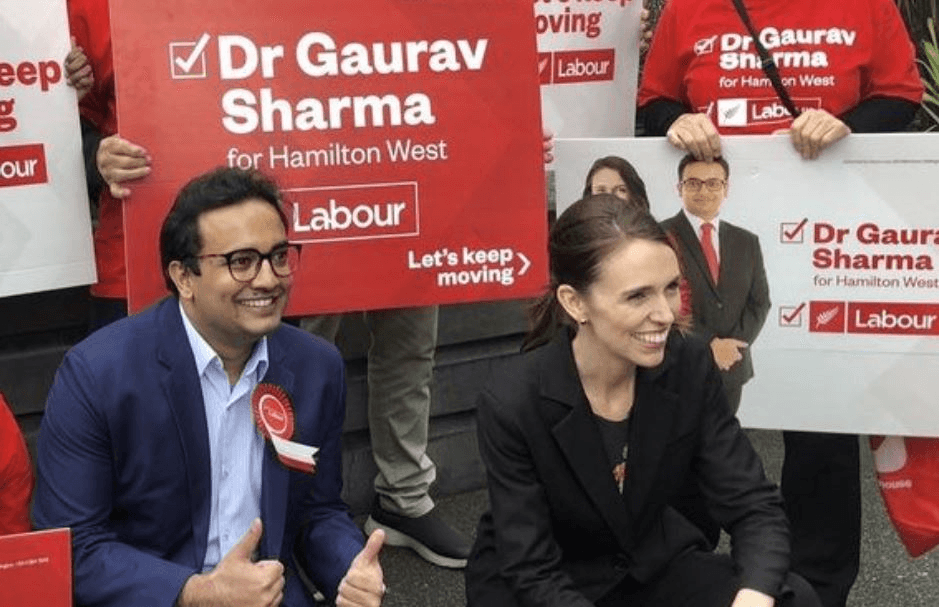 Gaurav Sharma and Jacinda Ardern on the campaign trail. 
