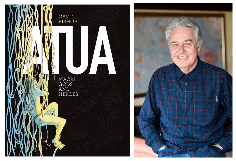 Photo of an older man wearing a dark, collared shirt, beaming. Image of a book cover which is big and dominated by black, with an illustration of a Māori man clambering up through glowing vines. 