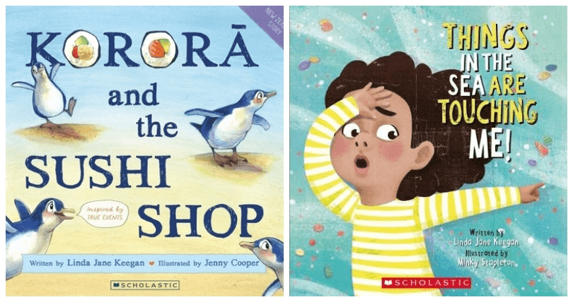 Two picture book covers, one featuring kororā, sand and sea and the other a young brown-skinned girl racing away from a wave. 