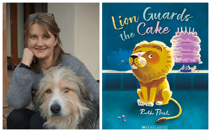 Photo of a woman sitting with her dog; image of book cover showing illustration of a lion sitting in front of a giant pink cake.