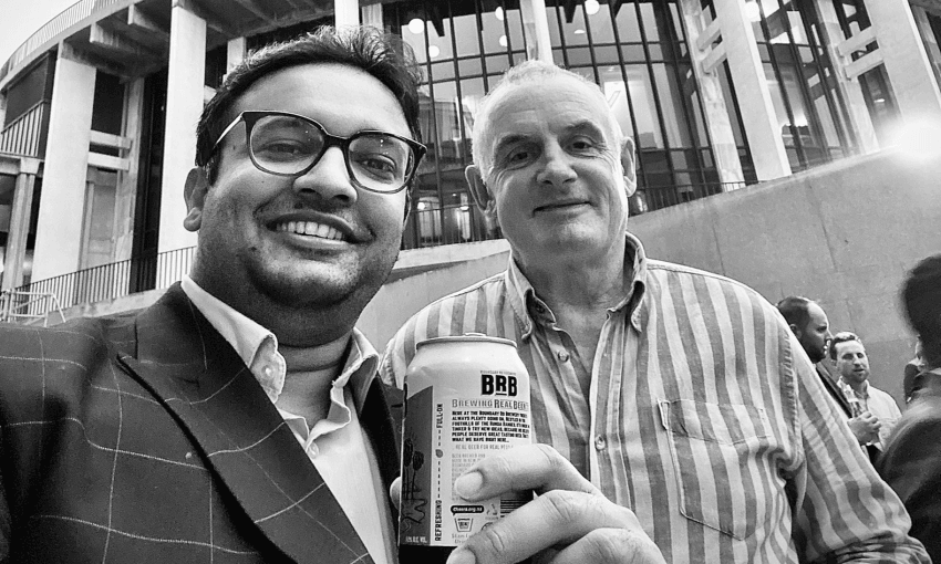 Gaurav Sharma and Trevor Mallard at the parliamentary press gallery party in 2021. Photo: @gmsharmanz