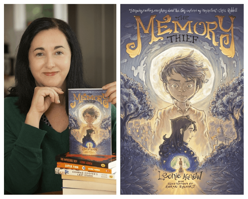 Photo of a woman with light skin and dark hair, smiling, holding a copy of her book. Close up pic of the cover which depicts a boy with tousled hair, set against a dark sky with a moon.