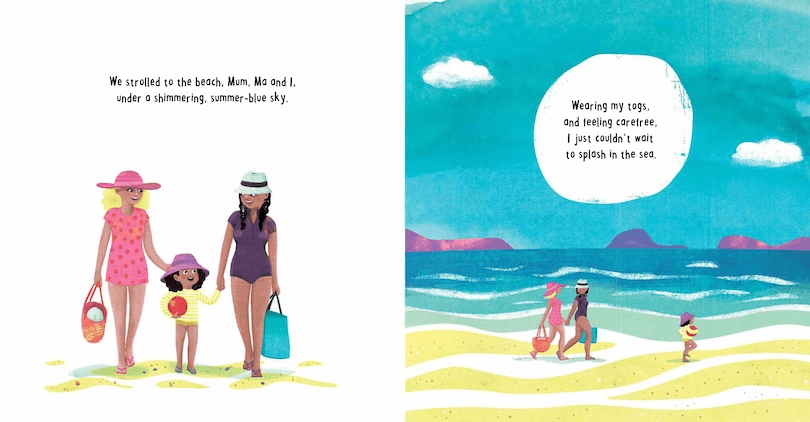Picture book spread showing a beach scene and the text "we strolled to the beach, Mum, Ma and I"