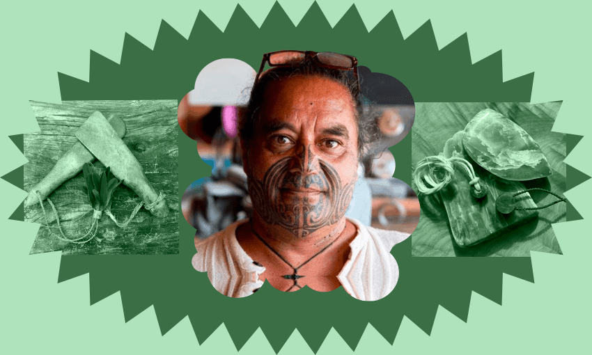 Carver Timoti Moran and some of his work. (Photos: Andy MacDonald/Supplied. Design: Tina Tiller) 
