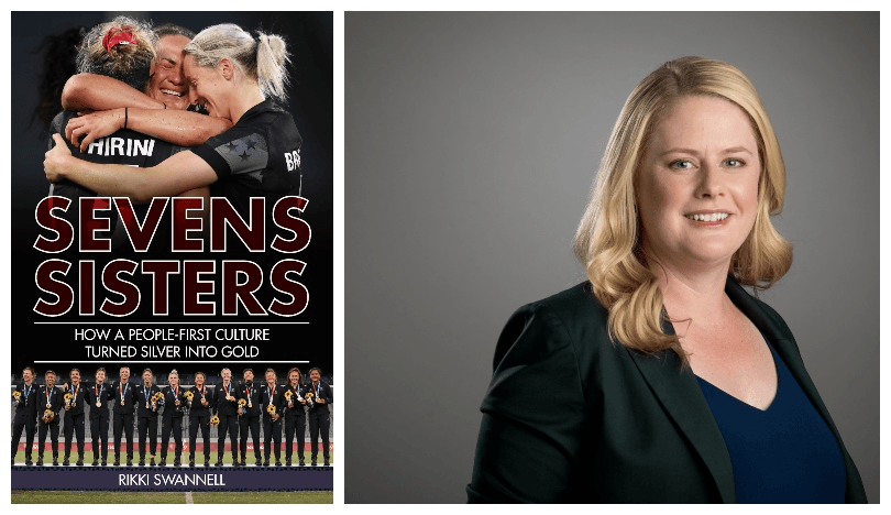 Head and shoulders portrait of a blonde woman in blazer; her book cover featuring photograph of women rugby players embracing.